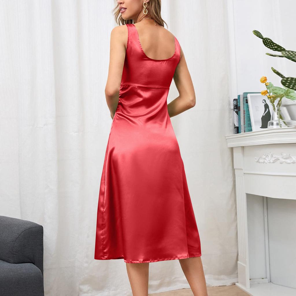 Women's Fashion Casual Solid Color Sleeveless Waist V-neck Dress