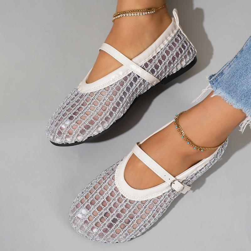 Spring and Summer New Round Head One-word Buckle with Shallow Mouth Single Shoes Women's Mesh Weaving Fashionable Hollow Versatile Sandals Women