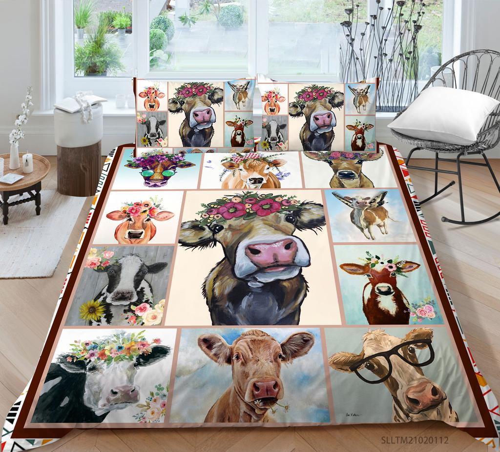 3D Cow Bedding Set Animal Pattern Down Duvet Cover Pillowcase 2/3 Pieces AU180 * 210 Full Size Boys Teens Men Quilt Cover