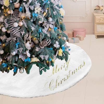 Golden Embroidery Faux Rabbit Fur Christmas Tree Skirt - Plush Home Decoration Mat 2024.