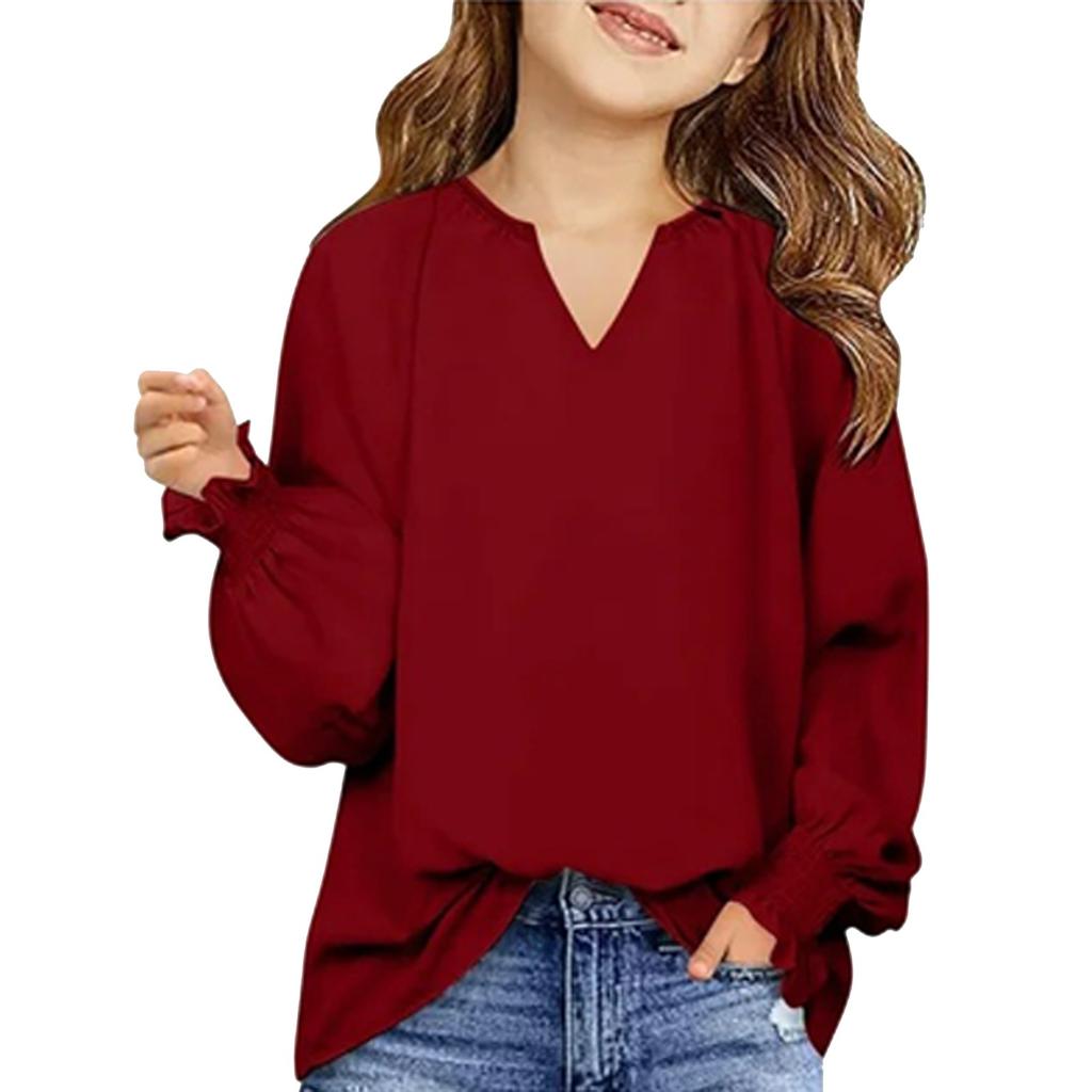 Girls' Long Sleeve Tee - Solid Color Loose Fit Casual Top
