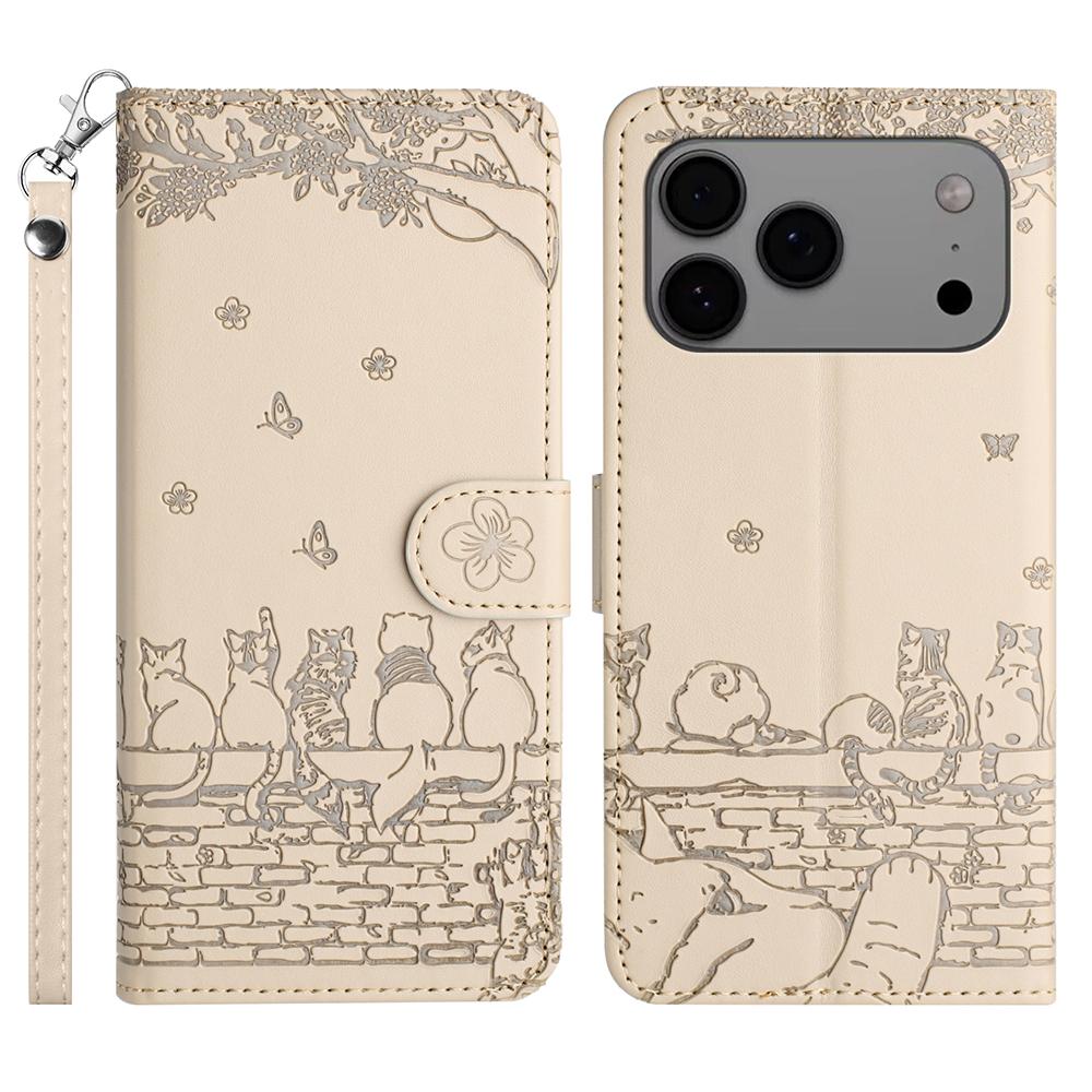 For iPhone 17 Pro Case with Wrist Strap Leather Phone Cover Wall Cats Pattern