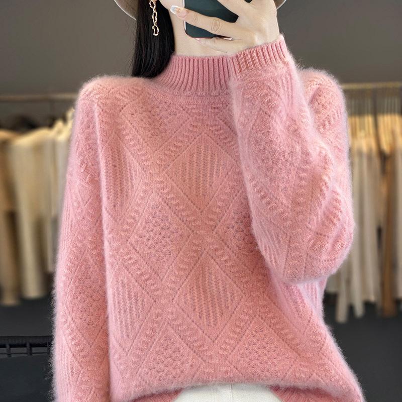 Women's Autumn & Winter Pure Wool Diamond Knit Sweater - Semi-High Neck, Versatile, Elegant Pullover