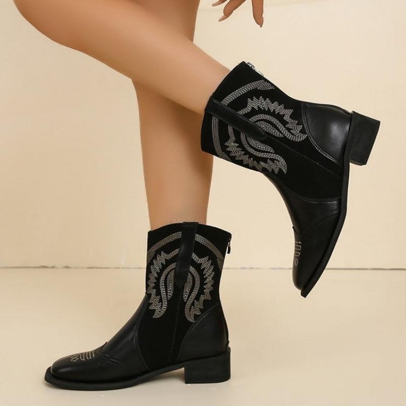 Nnü Retro Square Toe Embroidery Western Boots Women's Autumn and Winter Large Size Foreign Trade Short Boots Block Heel Back Zip Cowboy Boots