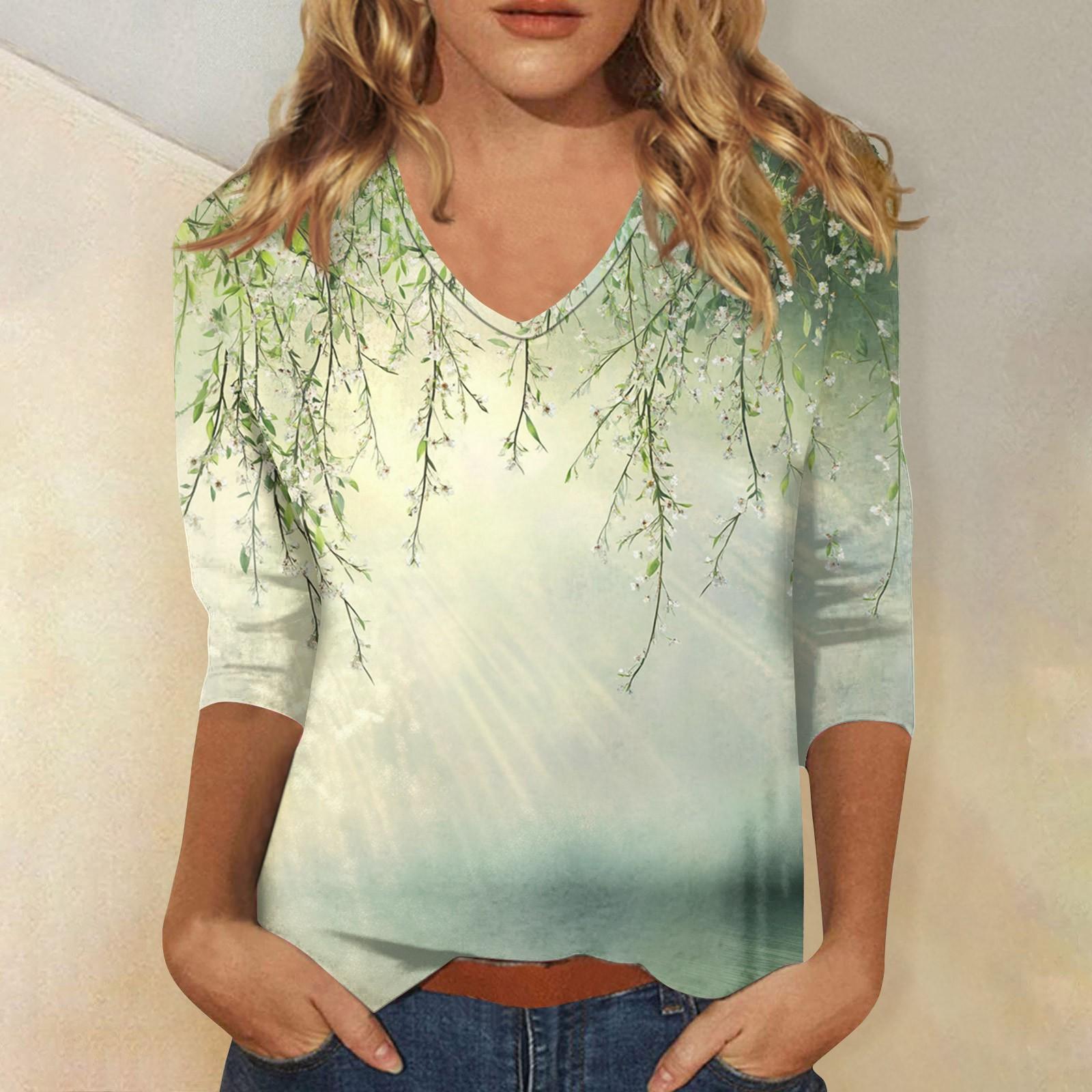 

Женские топы, рубашка с рукавом три четверти, свободная повседневная рубашка с V-образным вырезом, футболка с цветочным принтом XL небесно-голубой