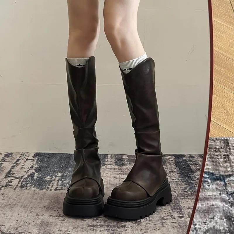 

Women s Thick Bottom High Tube Boots Autumn Winter Brown Long Tube Boots Pant Boot Small Size Knight Boot Simple Style 35