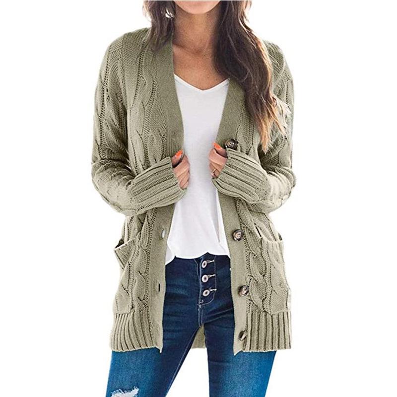 2024 Women's Autumn/Winter Cable Knit Button-Up Cardigan - European and American Casual Outerwear, Solid Color Sweater