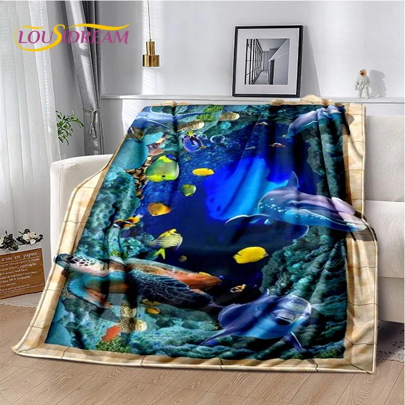 Underwater World 3D Illusion Seabed Cartoon Shark Dolphin Blanket,Soft Throw Blanket for Home Bedroom Bed Sofa Travel Cover Kids