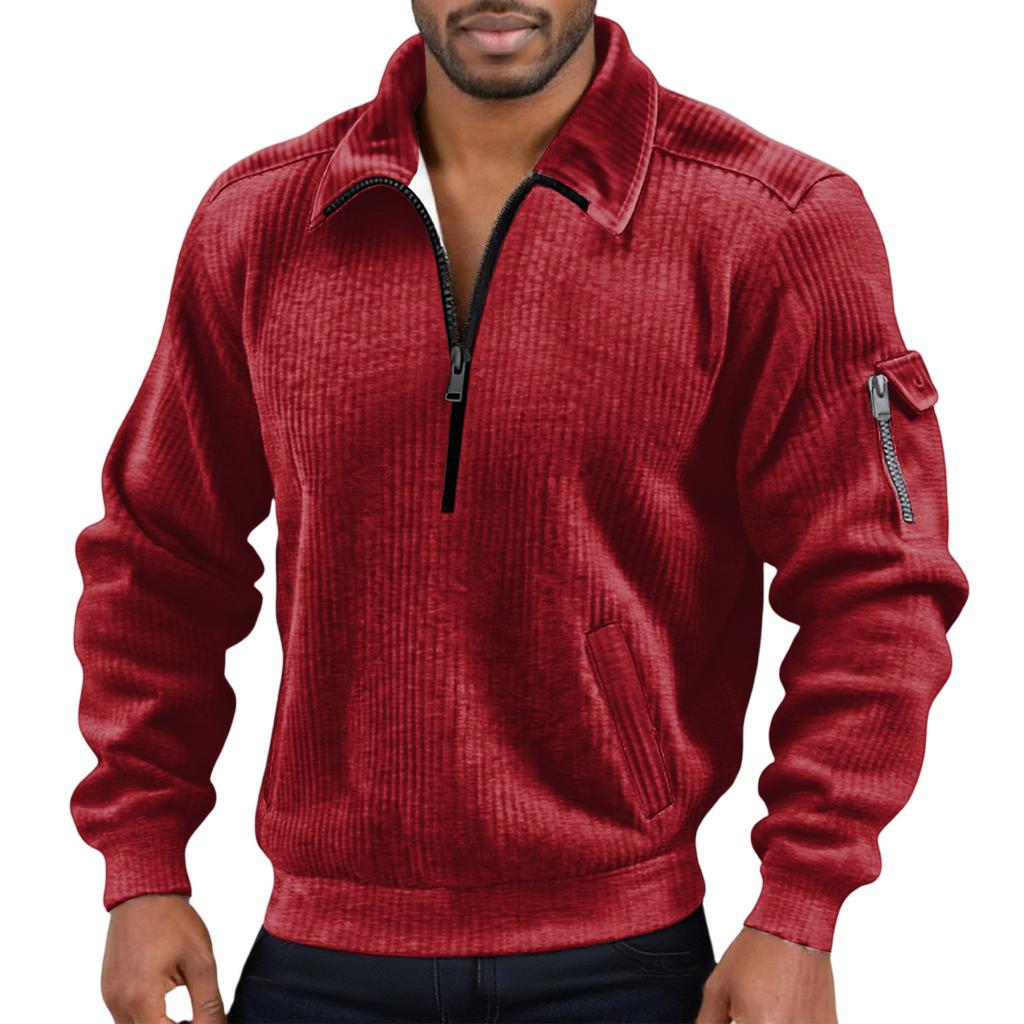 Men's Solid Color Corduroy Zipper Neck Long Sleeve Top Men's Casual Lapel Top