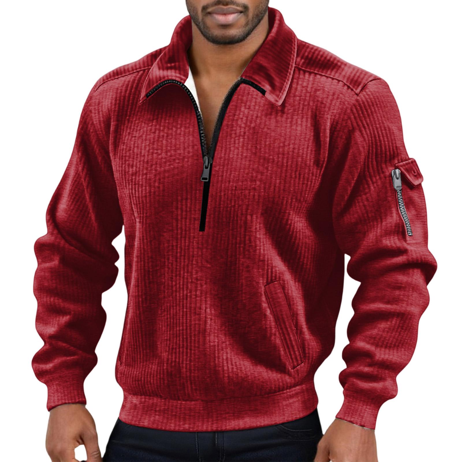 Heima A Heren Effen Kleur Corduroy Rits Hals Lange Mouw Top Heren Casual Revers Top L