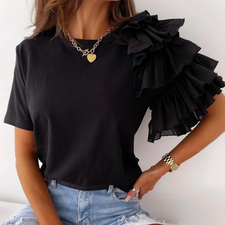 Women Casual Fashion Short Sleeve O Neck Solid Color Print Blouses Shirts for Spring Summer