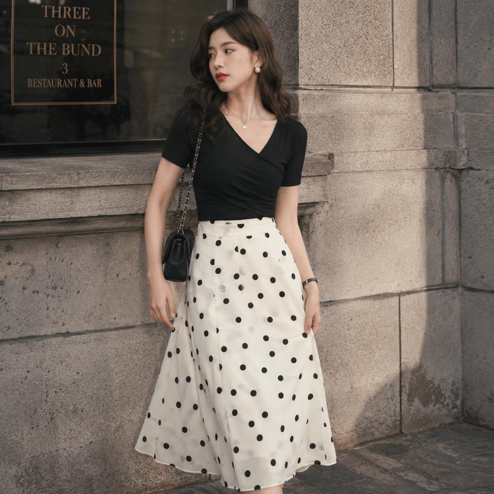 Elastic Waist Polka Dot Skirt Slim Fit Half-length Dress Elegant A-Line Skirt  Vacation