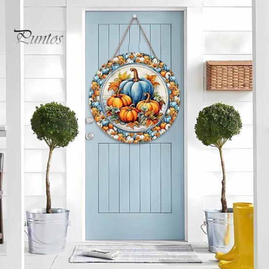 Harvest Festival Party Supplies Welcome Sign for Front Door, Rustic Wooden Hanging Weather Resistant Entryway with Hemp Rope, Autumn Pumpkin
