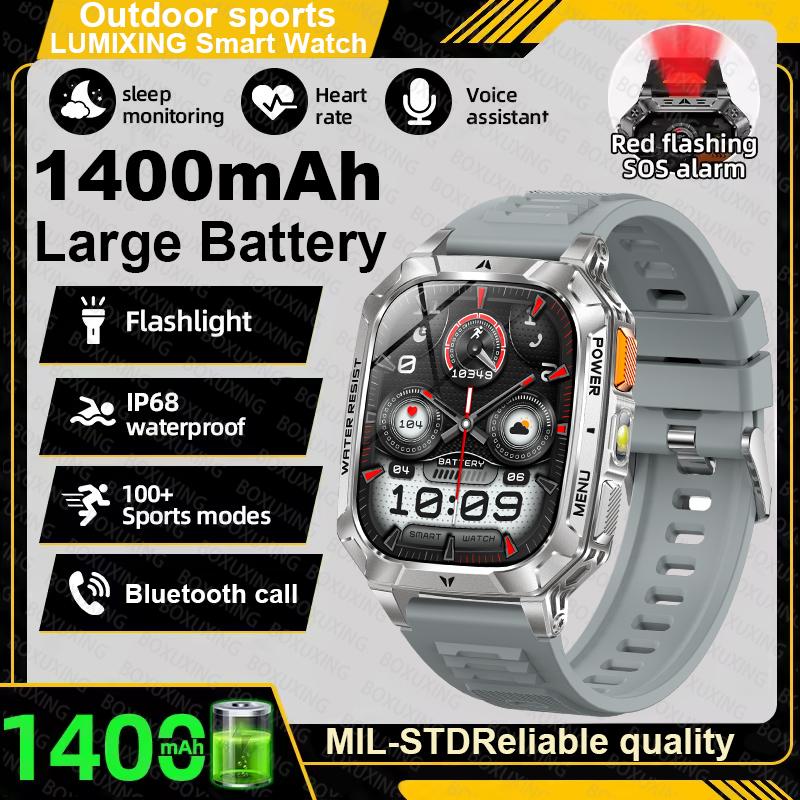 Military outdoor Smart Watch Fitness Clock Men 2.01 inch AMOLED Screen 1400mAh Battery Flashlight HD Call Waterproof Smartwatch