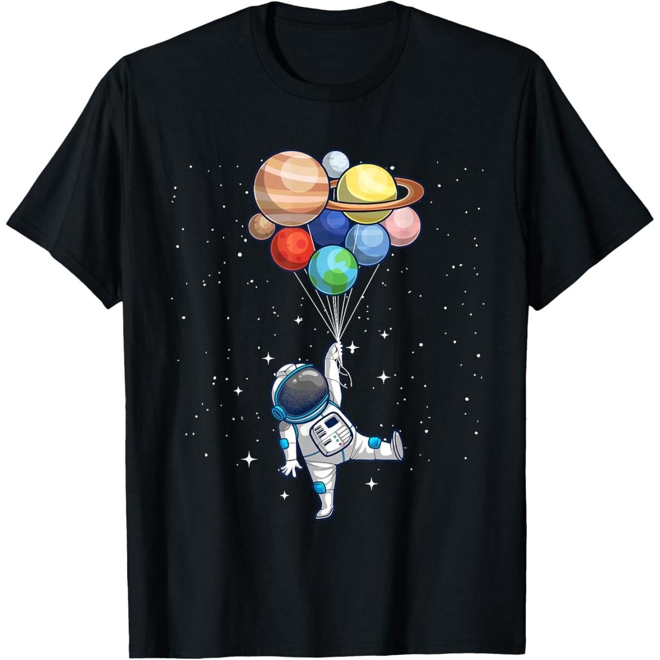 Astronaut Planet Balloons Graphic TShirt Space Theme Crew Neck Short Sleeve Cotton Tee Casual Daily Wear S