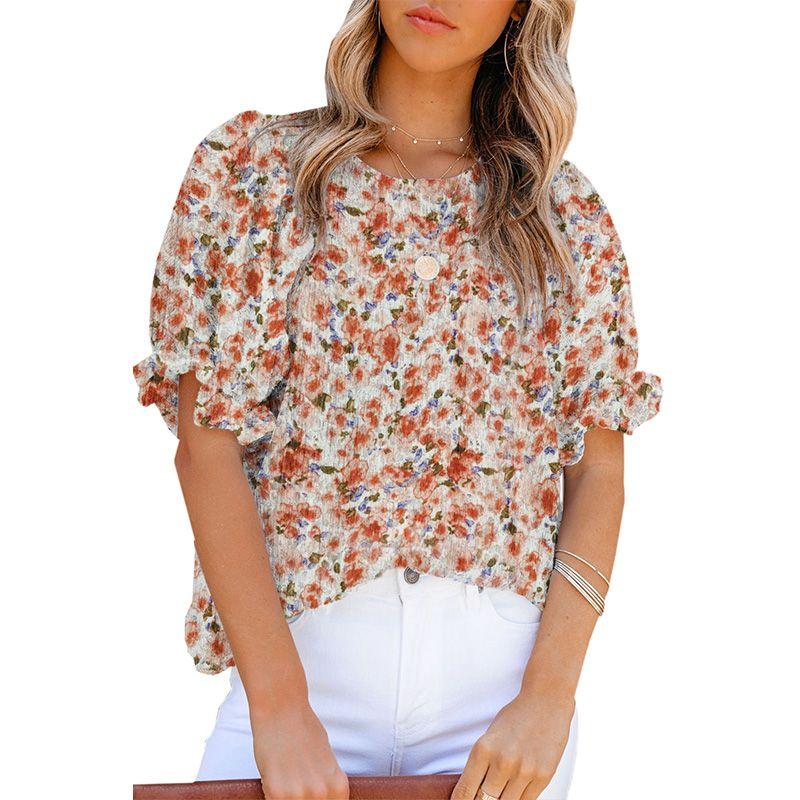 

Модный тонкий шифоновый пуловер с принтом, круглым вырезом и короткими рукавами Orange M code fits (55.00 kg-62.50 kg