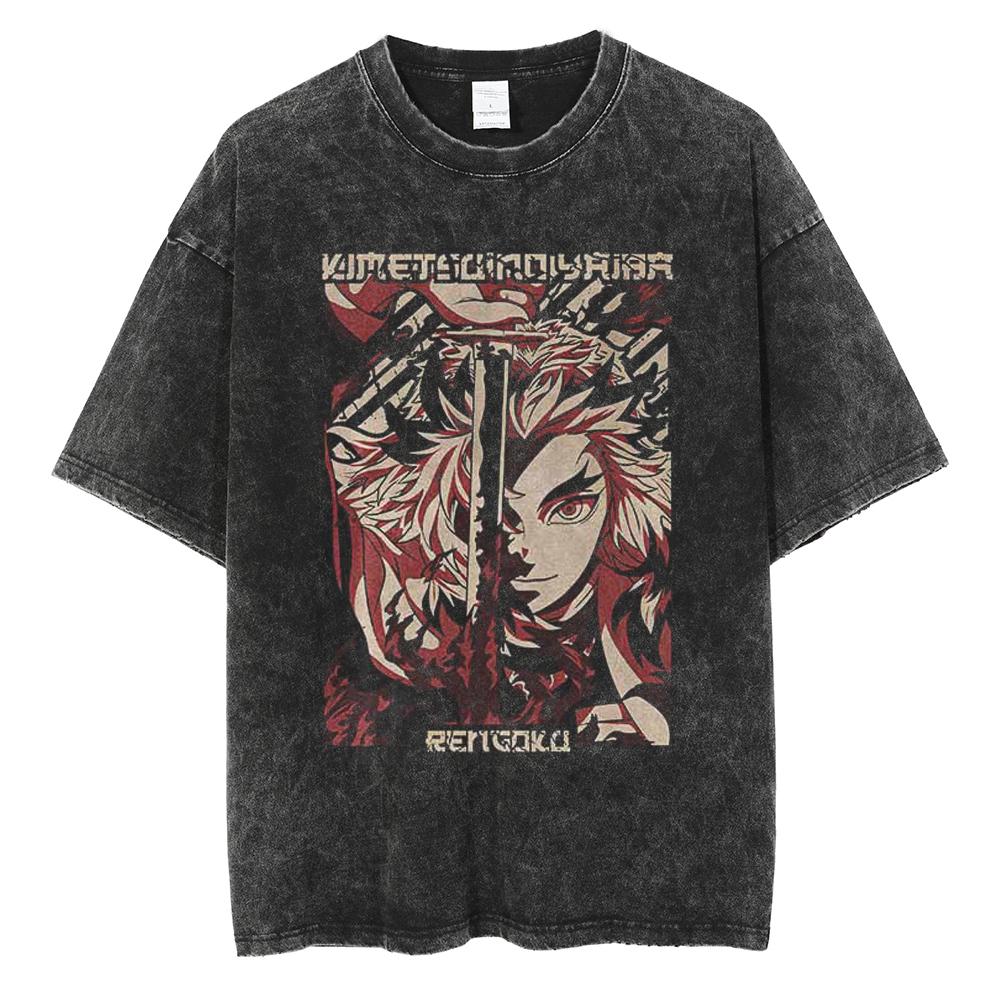 Hot Anime Demon Slayer Kokushibo Graphic Print Washed T Shirt Men Vintage Cotton Tshirts Manga Casual Tee Harajuku Male T-shirt