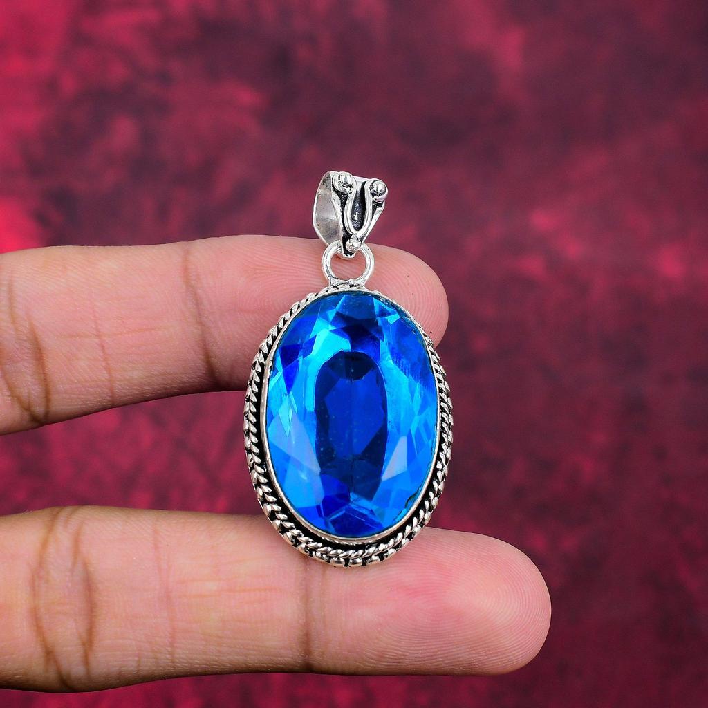 Blue Topaz Pendant, 925 Solid Sterling Silver Gemstone Jewelry, Handmade Pendant, For Thanksgiving