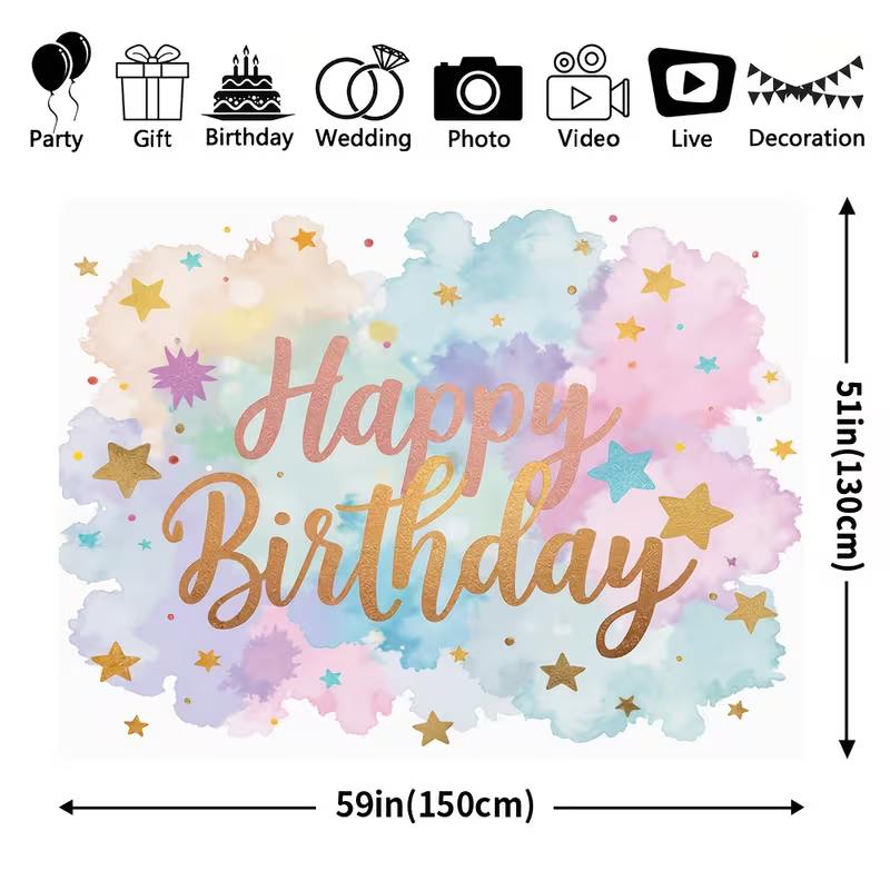 2D Watercolor Pastel Happy Birthday Backdrop for Kids Photography Background