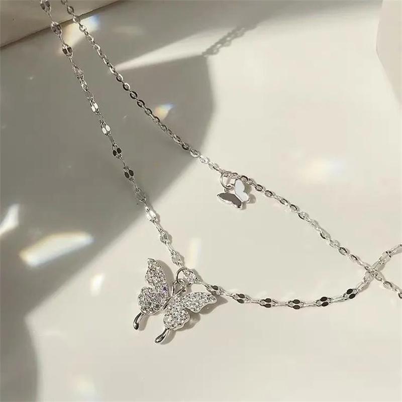 Simple Butterfly Double Layer Choker Necklace For Women Shiny  Butterfly Pendants Clavicle Chain Elegant Wedding Jewelry