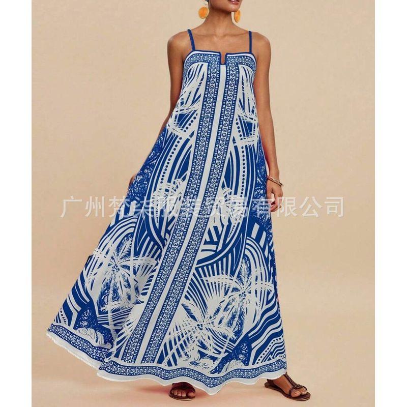 

European and American Summer New Women clothes Print Sling Dress Seaside Vacation Long dress Blue XL
