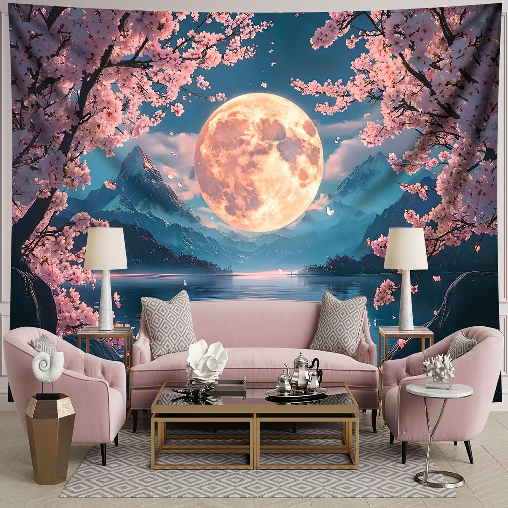 Pink Cherry Blossom Moon Lake Mountain Landscape Wall Tapestry Romantic Home Decor Aesthetic Living Room Art Print Design