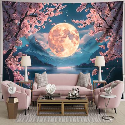 Pink Cherry Blossom Moon Lake Mountain Landscape Wall Tapestry Romantic Home Decor Aesthetic Living Room Art Print Design