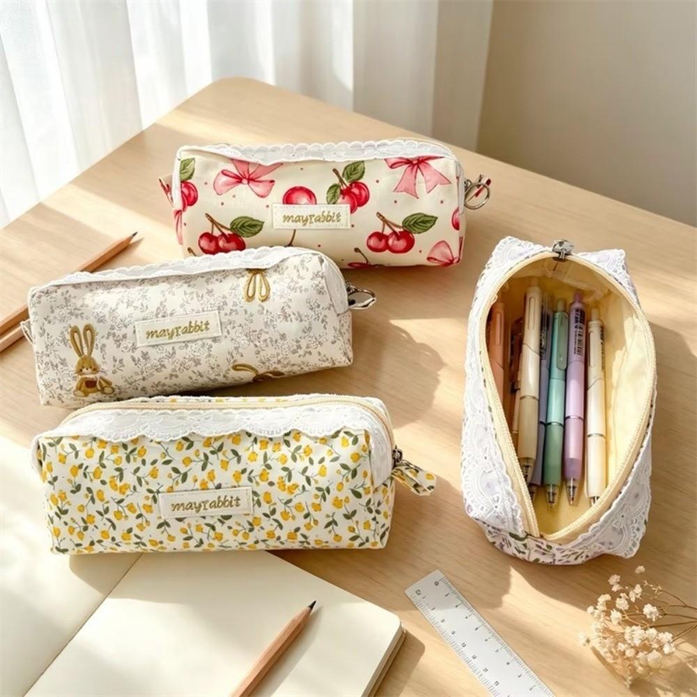 Cotton Pencil Pouch Zipper Stationery Pouch Portable Floral Pencil Case Office Stationery