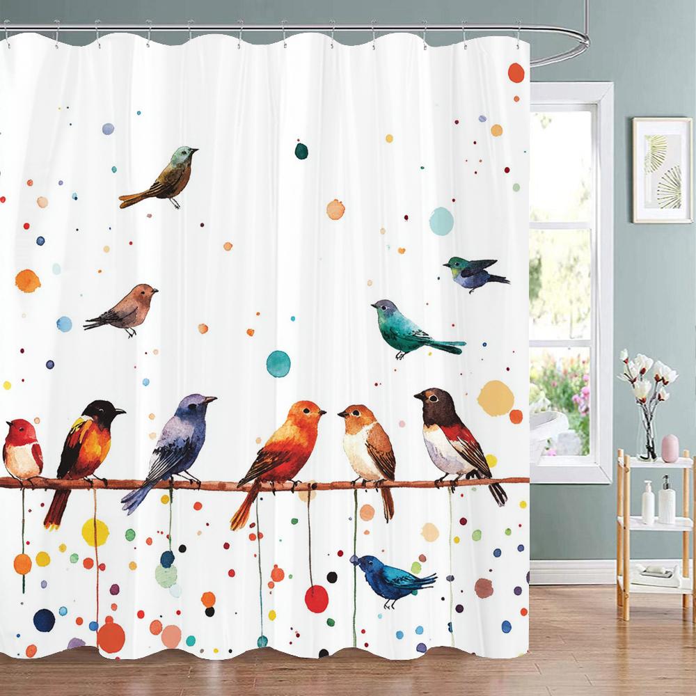 Modern style colorful birds Shower Curtain, Bathtub Bathroom Decorative Shower Curtain, Waterproof Shower Curtain with Hooks