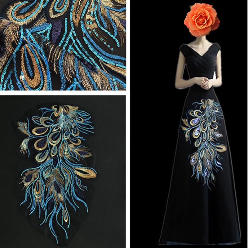 Blue Phoenix Tail Sequin Embroidery Patch for Cheongsam Decoration - Handmade DIY Accessory