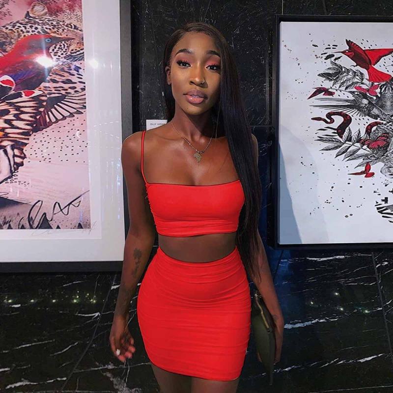 Women's Sexy Halter Small Vest Pleated Wrap Hip Skirt Two-piece Set