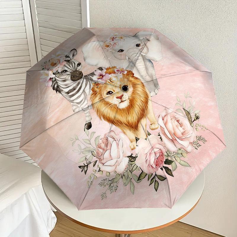 1pc Zebra Elephant Automatic Folding Umbrella, Heavy Duty 8 Rib Iron Frame,  Suitable for Travel, Daily Use, Birthday, Decor Gift m0104043