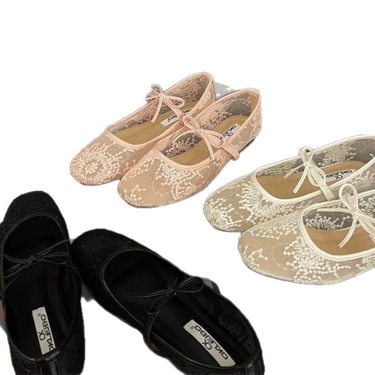 Gentle bow ballet shoes new hollow mesh lace embroidered shoes single shoes