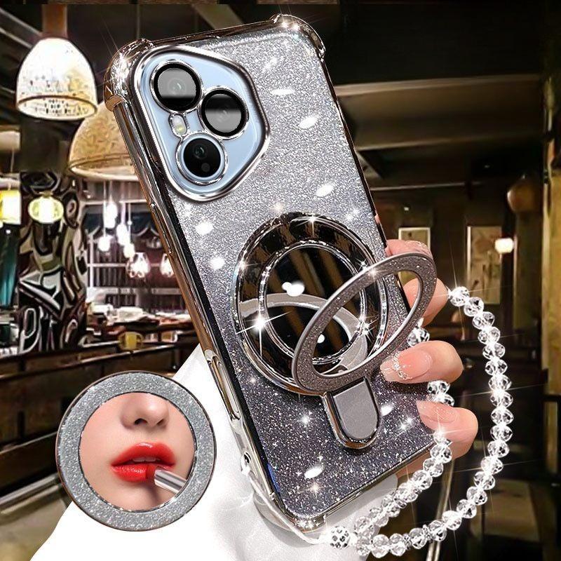 For Huawei Honor 400 Lite 300 Ultra 200 100 90 Pro Case Glitter Plating Makeup Mirror Magnetic Phone Holder Bracelet Cover