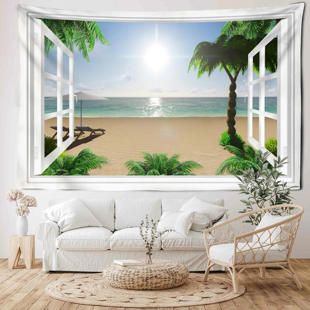 Coconut Tree Beach Scenic Tapestry Wall Hanging Bohemian Imitation Window Natural Art  Hippie Bedroom Living Room Home Decor