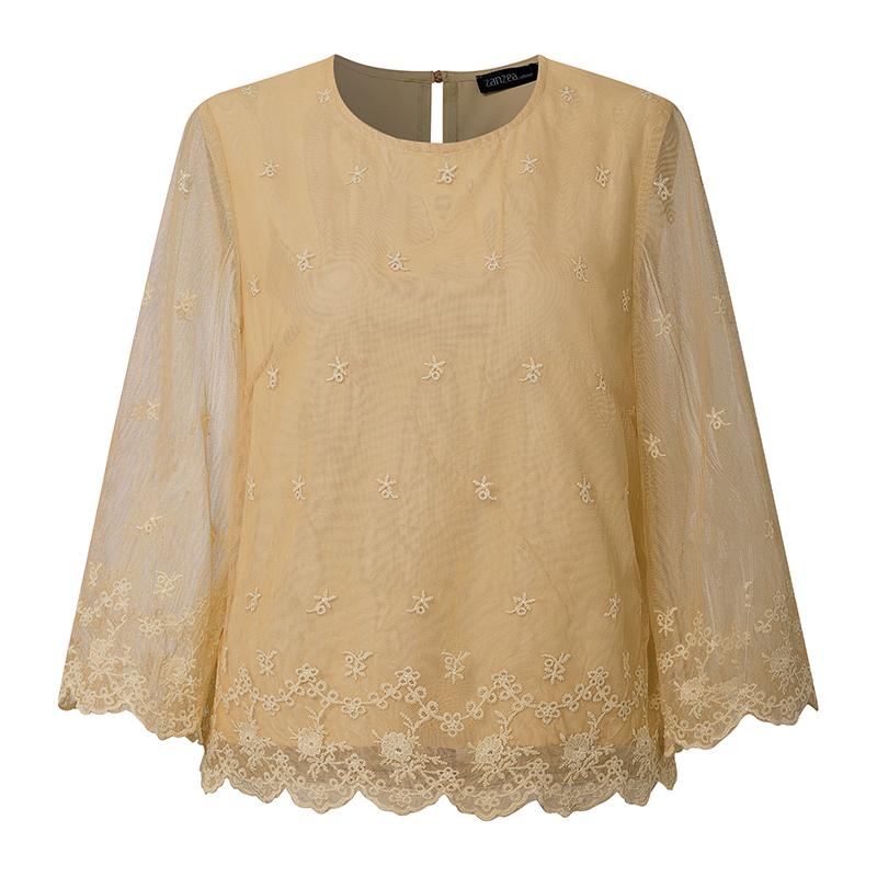 ZANZEA Womens Casual Embroidery Lace Patchwork Loose 3/4 Sleeve Blouse