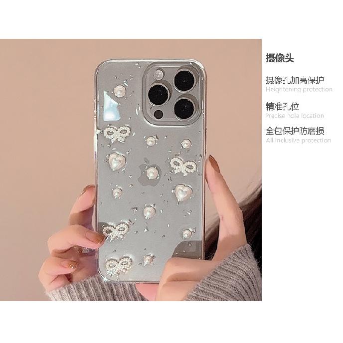 Pearl bow suitable for 17promax Apple 16 phone case iPhone15 3D resin 12 transparent 13 soft