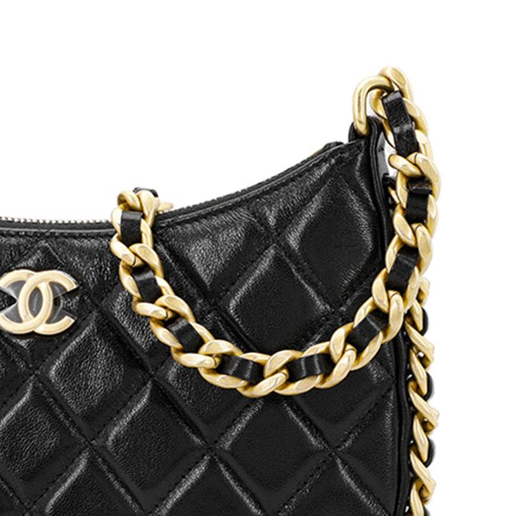 Chanel 23B Black Quilted Lambskin Gold Buckle Chain Hobo Shoulder Underarm Crossbody Handbag Women Bag