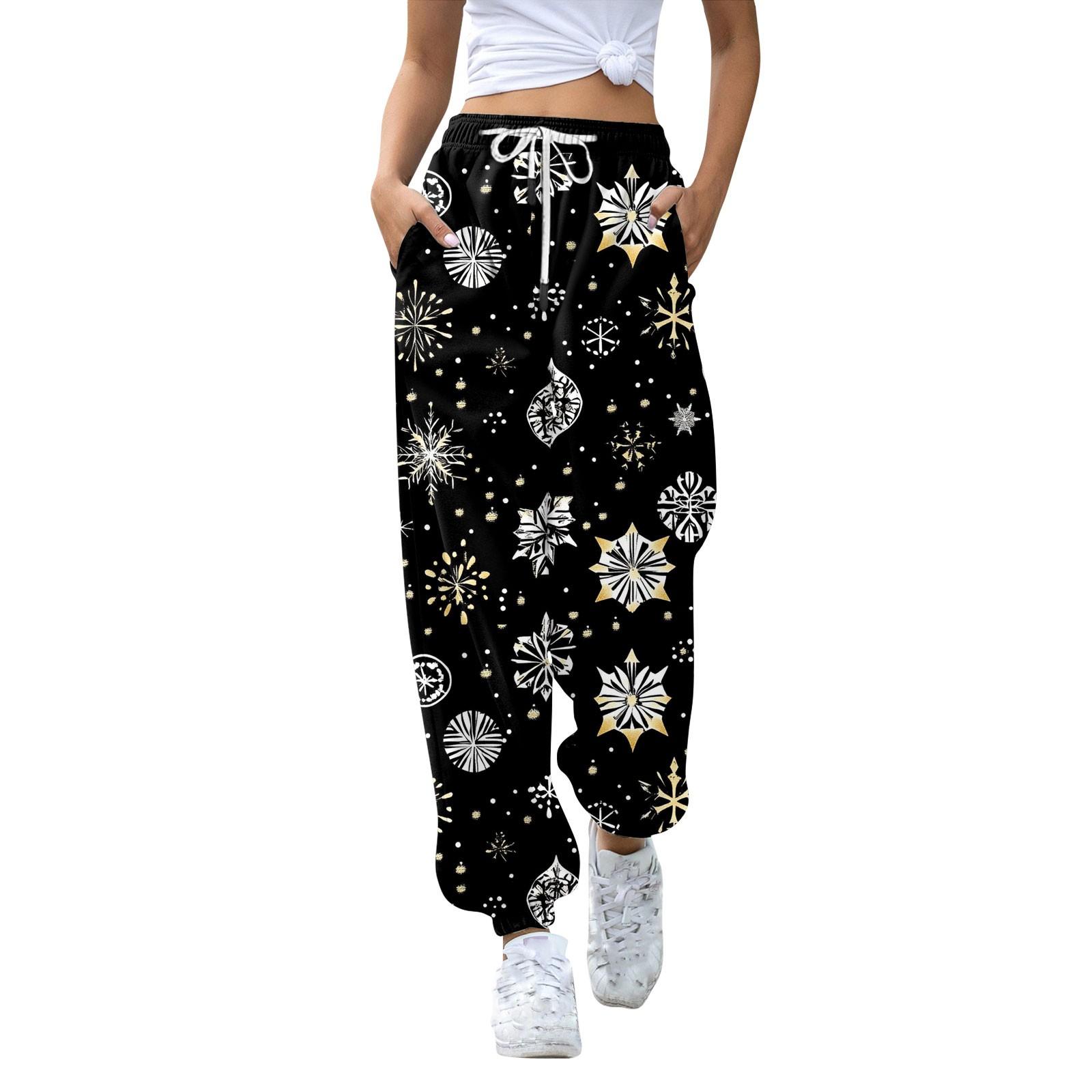 Women s High Waisted Sweatpants Christmas Print With Pockets Drawstring Trousers XXXL