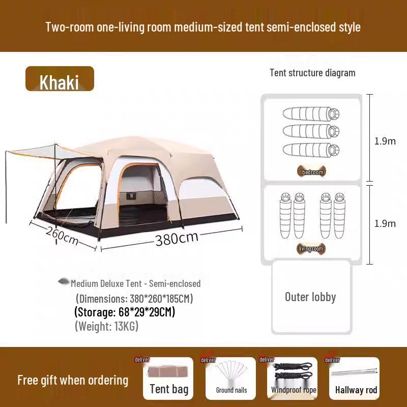 Outdoor Camping Tent: Large, Portable, Sun-Protected, Rainproof, 2 Rooms + Living Area, Fits 8-12 People