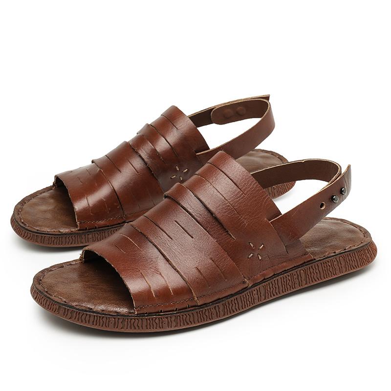 

Handmade Vintage Weave Summer Men Sandal Buckle Strap Gladiator Cowhide Genuine Leather Shoes Outside Flat Mens Roman Sandals 38