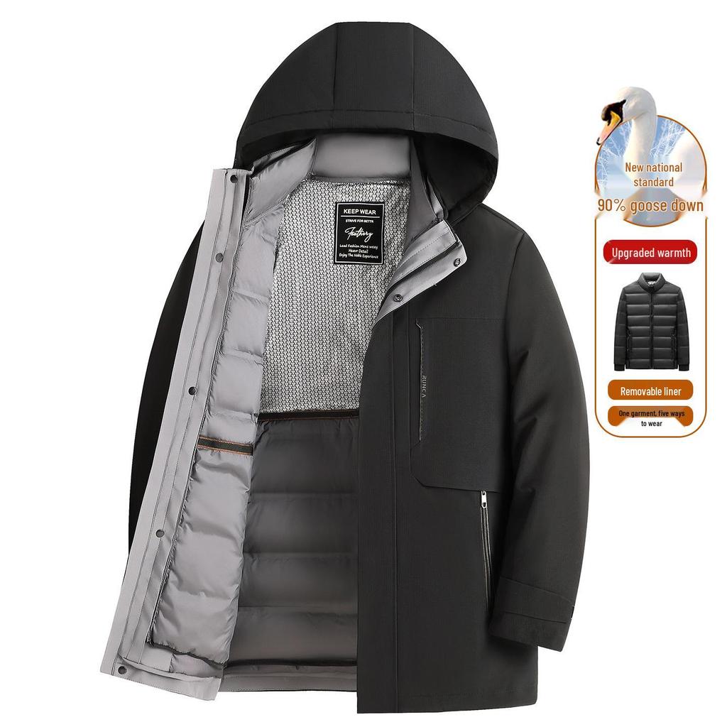 Men's Three-in-One Goose Down Mid-Length Jacket with Detachable Liner - Warm Casual Coat for Middle-Aged and Elderly Dads