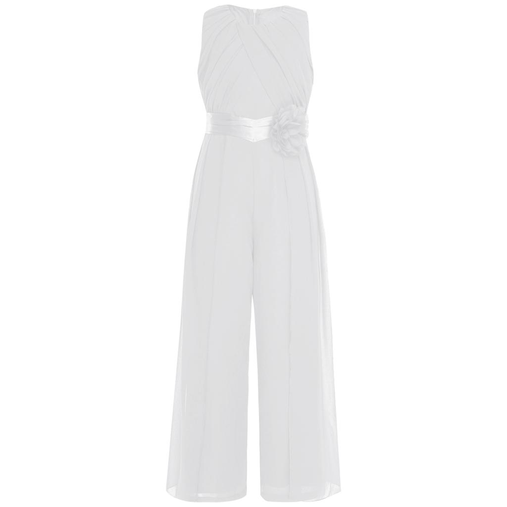 Girls Party Wear Solid Color Sleeveless High Waist Ruffled Chiffon Detachable Flower Wedding Jumpsuit