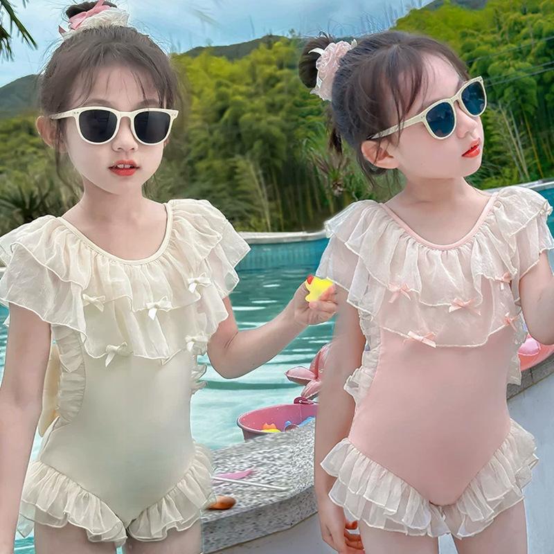 Girls' One-Piece Princess-Style Swimsuit - Solid Color Polyester - Cute Girls' Swimwear for Toddlers and Babies