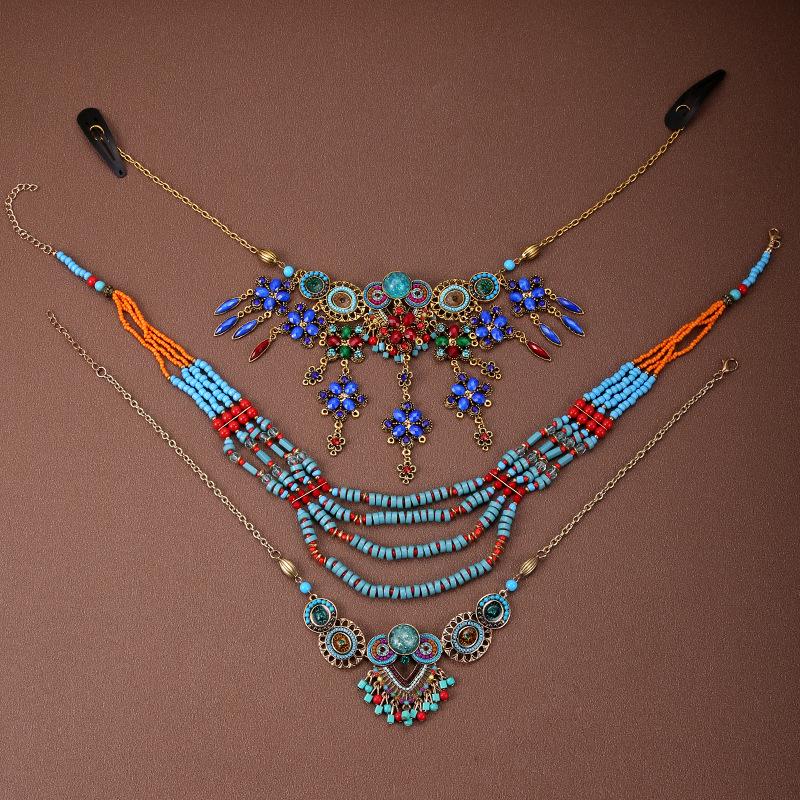 Böhmisches Retro Halsketten- & Ohrring-Set: Ethnischer Stirnschmuck im tibetischen Stil