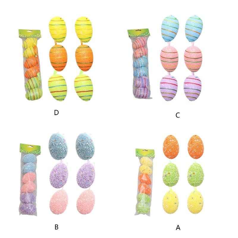 6PCS Set Easter Decorations Ornaments Bright Color Striped Foames Eggs Decorations for Easter Holiday Occasion
