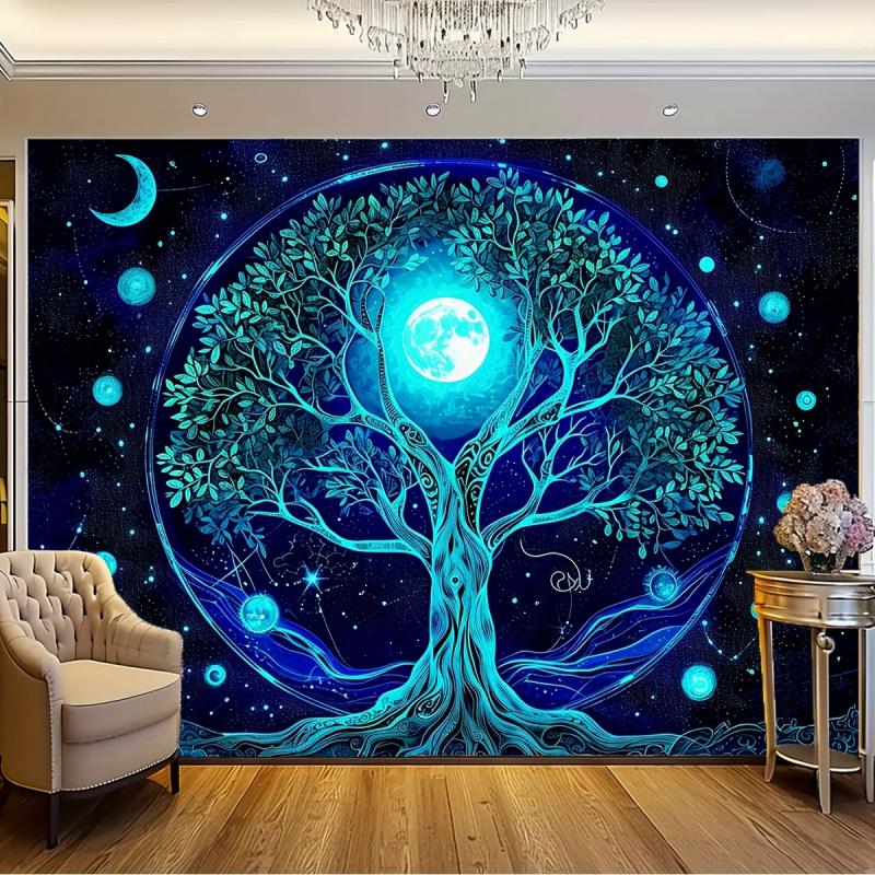 VIKAMA Tree of Life Starry Sky Moon Phase Tapestry Bedroom Bedhead Zen Wall Carpet Yoga Meditation Space Atmosphere Tapestry