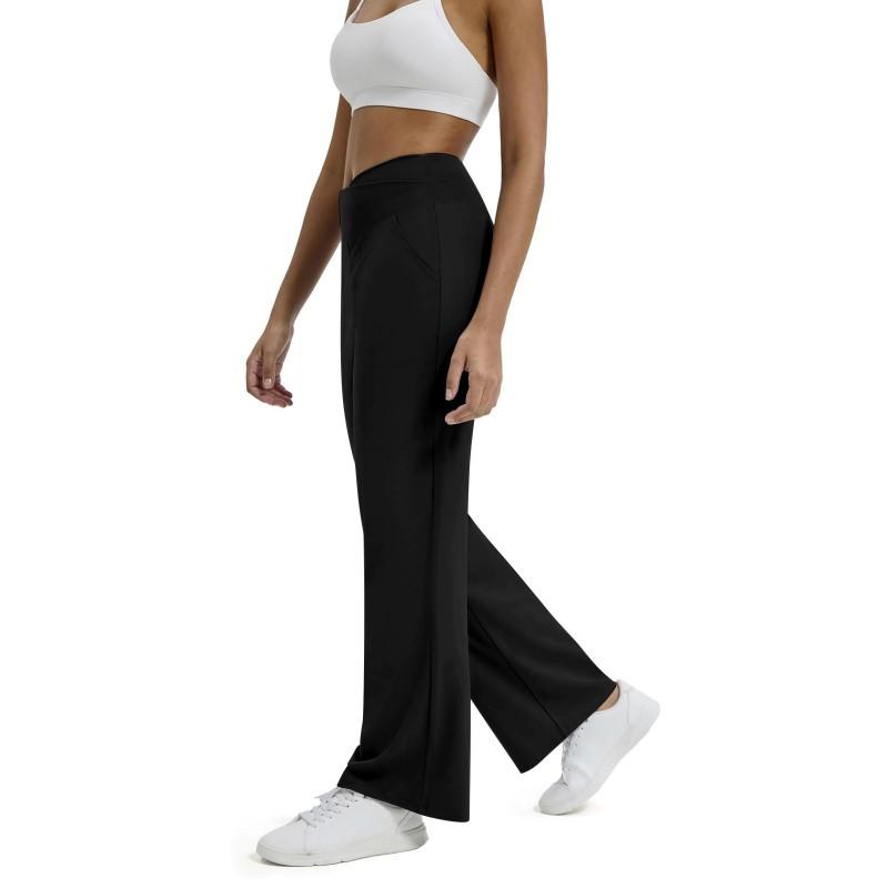 Womens High-Waist Cross-Back Wide Leg Yoga Pants With Pockets Soft Stretch Casual Trousers Gym Workout Daily Wear