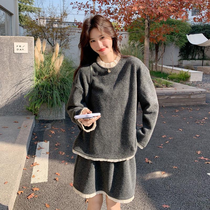 

French Style Patchwork Hoodie & Skirt Set - Women s Winter 2025 Korean Fashion, Age-Reducing Two-Piece Medium