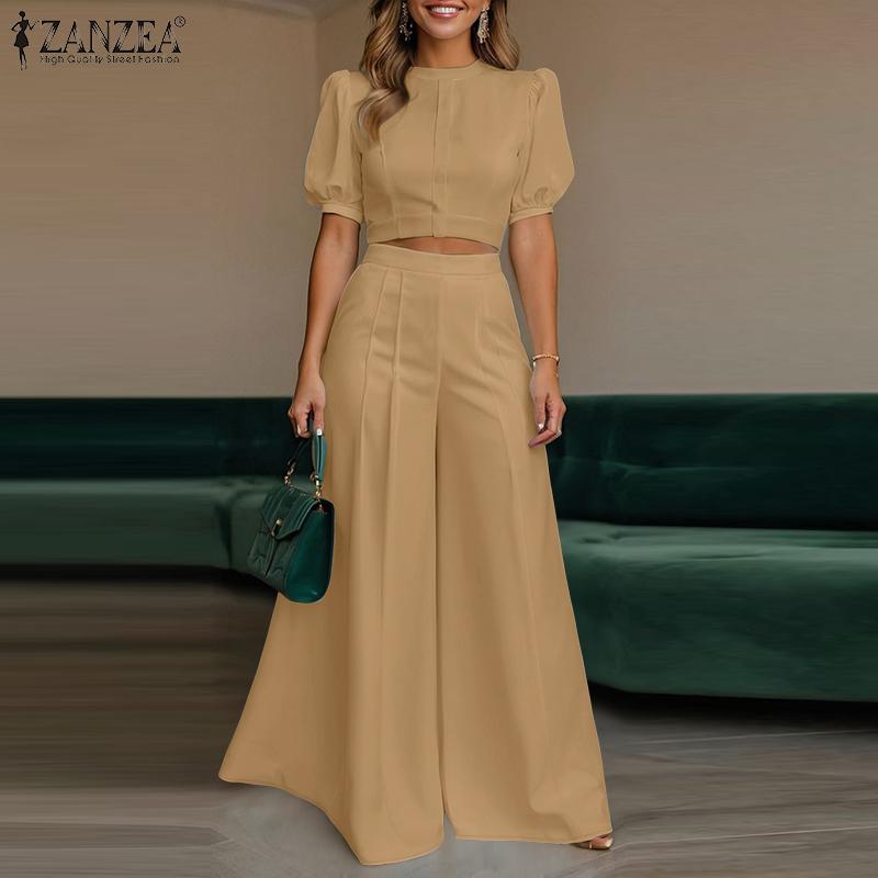 ZANZEA Women Short Sleeve Cropped Tops and Wide Leg Pants Two Piece Suit Sets